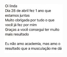 Mensagem de aluna: fez 1 ano que estamos juntas, graças a você consegui mais resultado