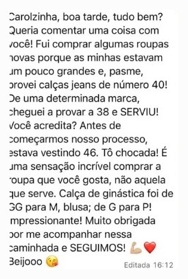 Mensagem de aluna: antes vestia 46 e agora serviu a calça 38
